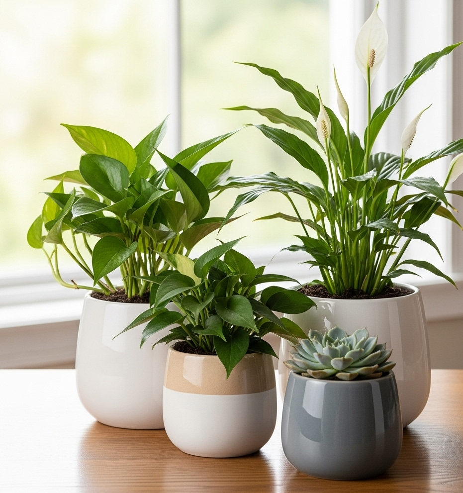Indoor Plants Combo – Set of 4 Premium Potted Plants | Spathiphyllum, Scindapsus Money Plant, Classic Money Plant, Echeveria Peacokii – Ceramic Pots