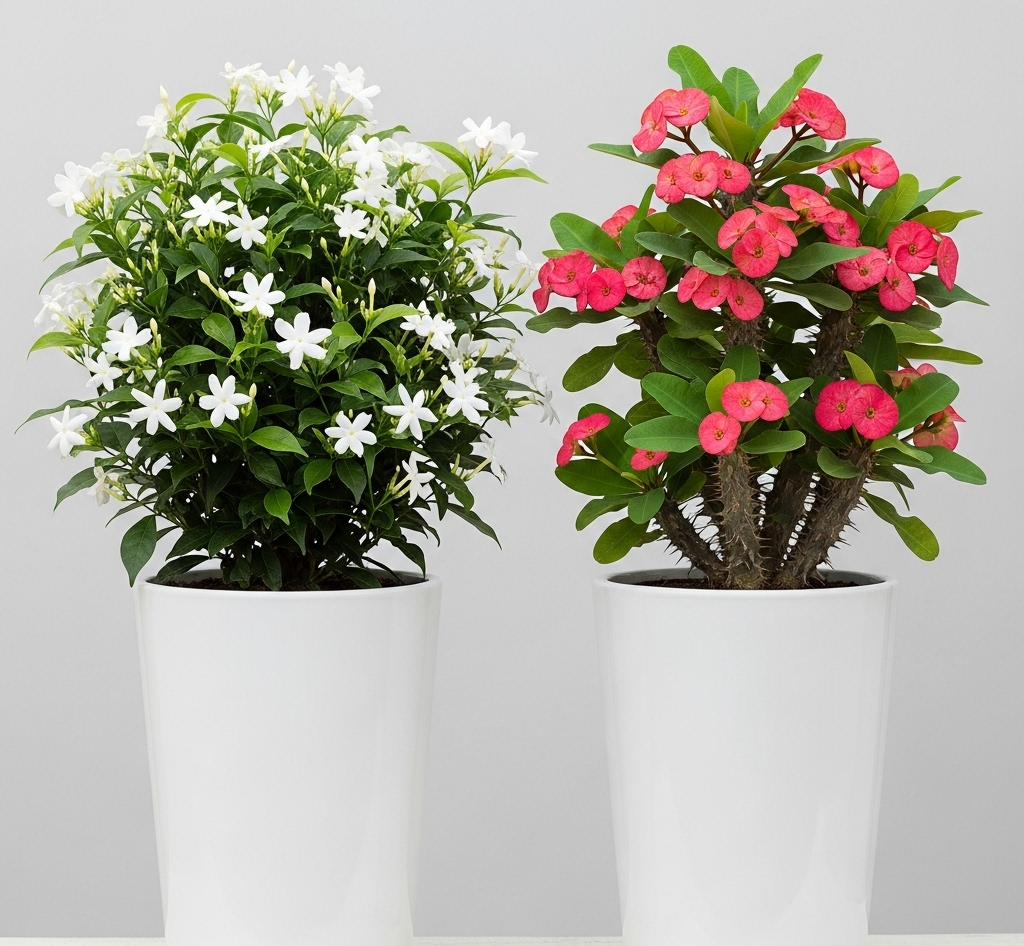 Euphorbia Milii Indoor Plant Set – Combo of 2 | Elegant Crown of Thorns | Ceramic Pot Included